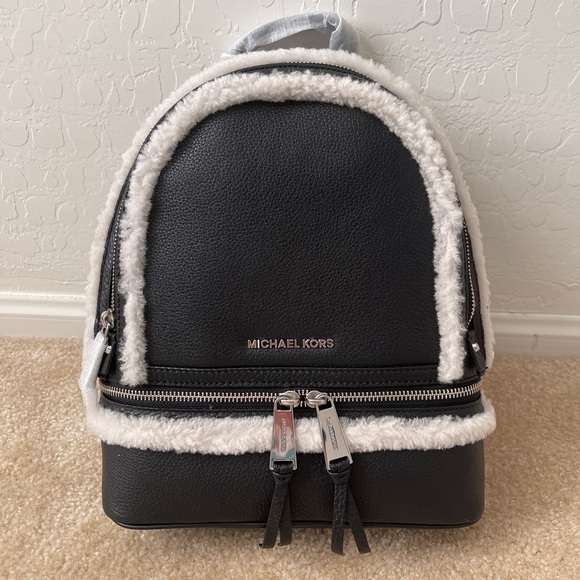 Bags | Michael Kors Rhea Medium Leather And Shearling Backpack | Poshmark